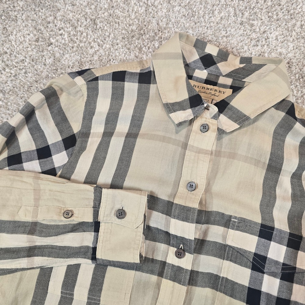 Burberry London England Oversized Check Cotton Button Down Shirt Beige Small